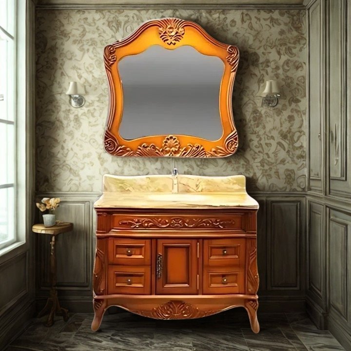 BIZZ4224-01 European Style Bathroom Solid Wood Antique, Marble Countertop Cabinet